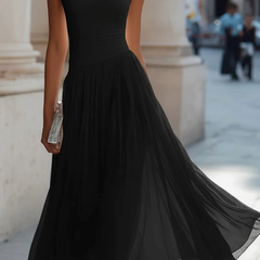 Chiffon draped-neck pleated midi dress for women by Christine Brewer, featuring a flowing silhouette and elegant design.