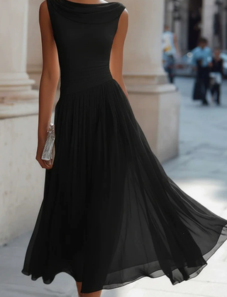 Chiffon draped-neck pleated midi dress for women by Christine Brewer, featuring a flowing silhouette and elegant design.