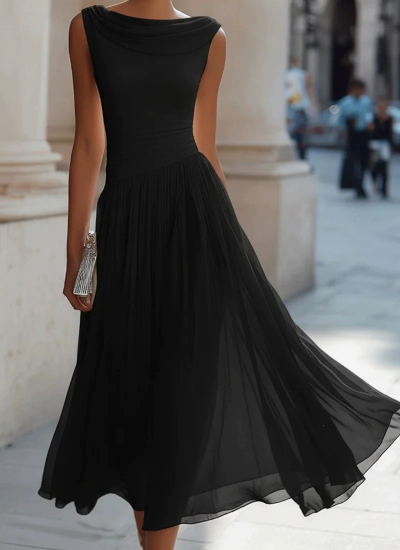 Chiffon draped-neck pleated midi dress for women by Christine Brewer, featuring a flowing silhouette and elegant design.