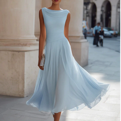 Chiffon draped-neck pleated midi dress for women by Christine Brewer, featuring flowing fabric and elegant design.