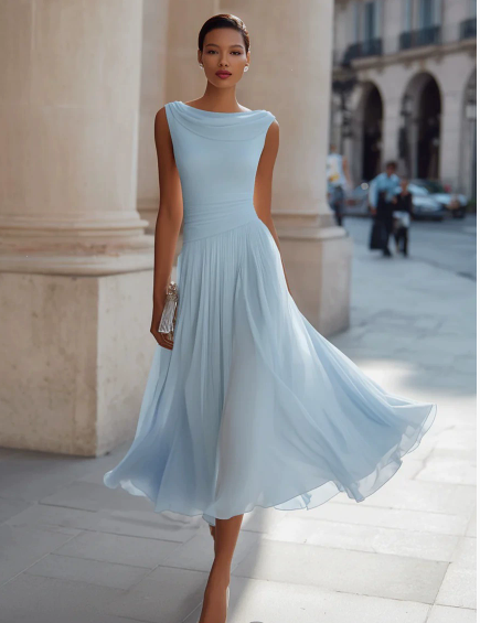 Chiffon draped-neck pleated midi dress for women by Christine Brewer, featuring flowing fabric and elegant design.