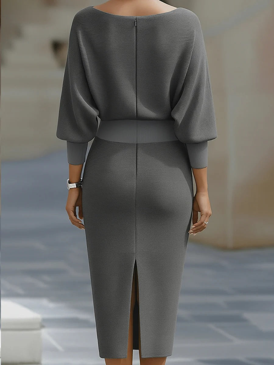 White batwing-sleeve waist-cinching dress for women by Christine Brewer, featuring a flattering silhouette and elegant design.