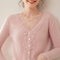 Elsa cashmere cardigan for women by Christine Brewer, soft beige knit with button closure, styled on a female model.