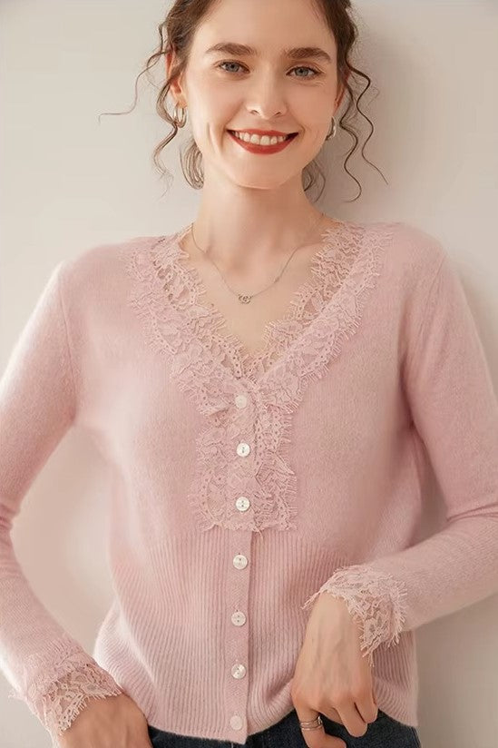 Elsa cashmere cardigan for women by Christine Brewer, soft beige knit with button closure, styled on a female model.