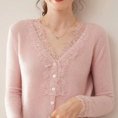 Elsa cashmere cardigan for women by Christine Brewer, soft beige knit with button closures, styled with a casual outfit.
