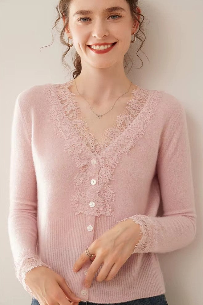 Elsa cashmere cardigan for women by Christine Brewer, soft beige knit with button closures, styled with a casual outfit.