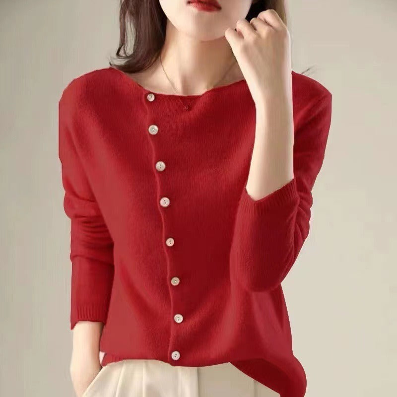 Pink knit sweater for women by Christine Brewer featuring a cozy, fitted style with ribbed cuffs and neckline.