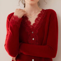 Elsa cashmere cardigan for women by Christine Brewer, soft beige knit with long sleeves and front button closure.