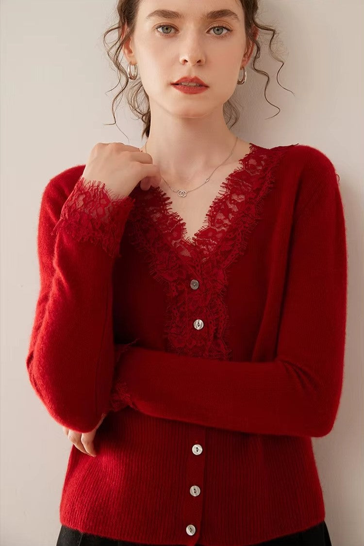 Elsa cashmere cardigan for women by Christine Brewer, soft beige knit with long sleeves and front button closure.
