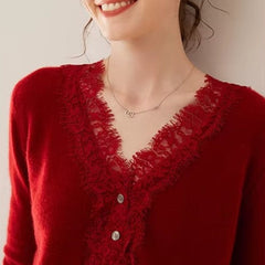 Elsa cashmere cardigan for women by Christine Brewer, soft beige knit with button closure, displayed on a neutral background.