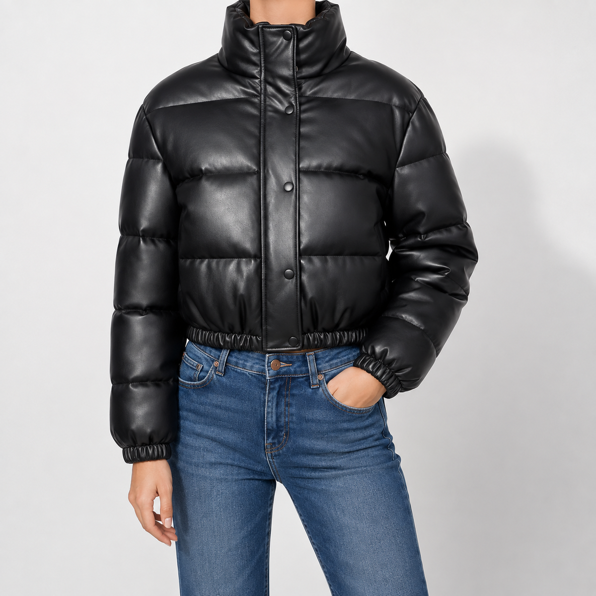 Marianne | Puffer Jacket Puffer Coat Quilted Winter Warm Faux Leather Cropped Funnel Collar Zip