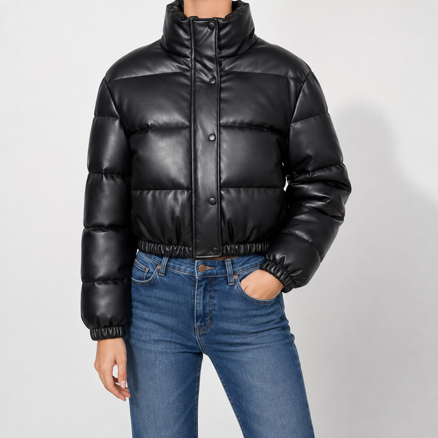 Marianne | Puffer Jacket Puffer Coat Quilted Winter Warm Faux Leather Cropped Funnel Collar Zip