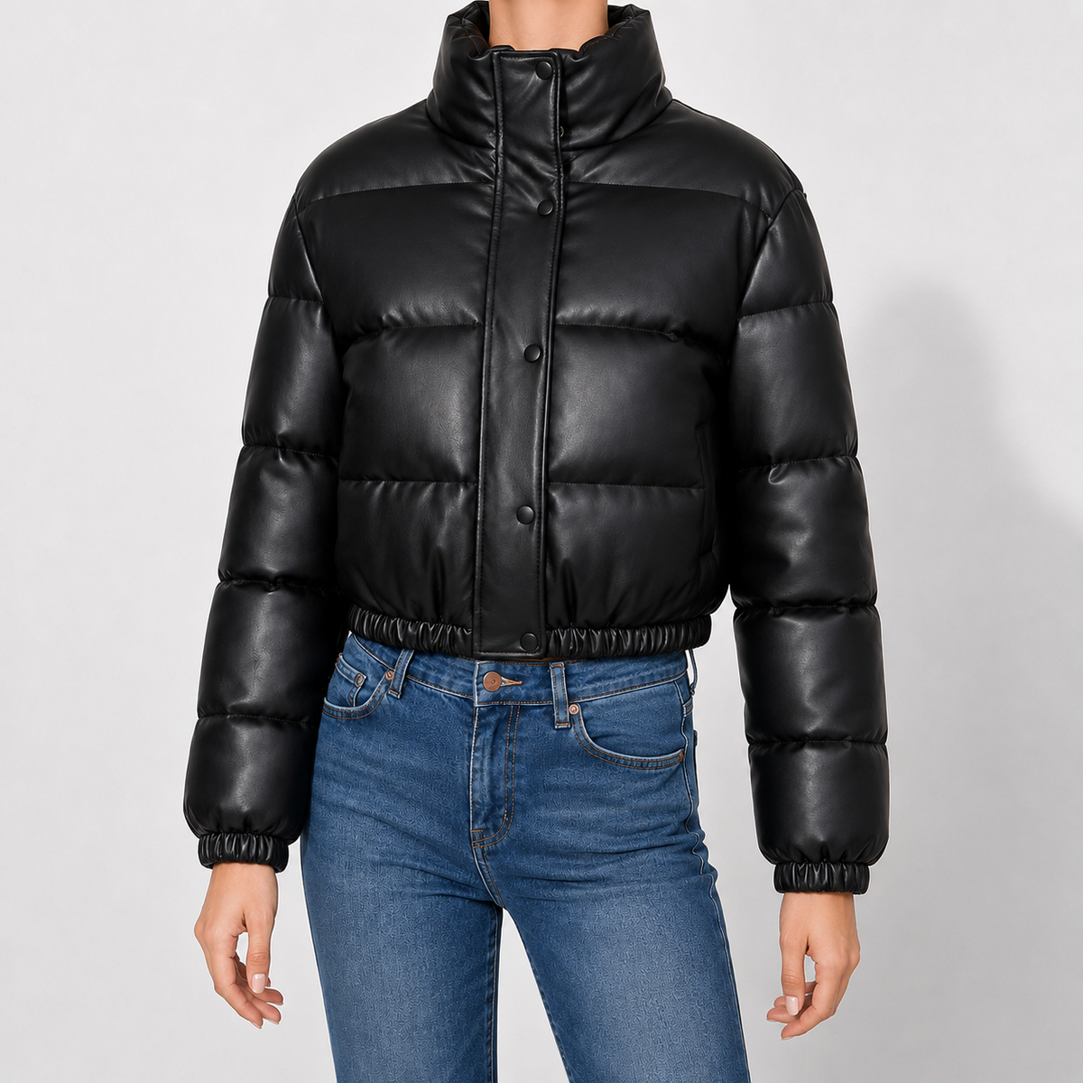 Marianne | Puffer Jacket Puffer Coat Quilted Winter Warm Faux Leather Cropped Funnel Collar Zip