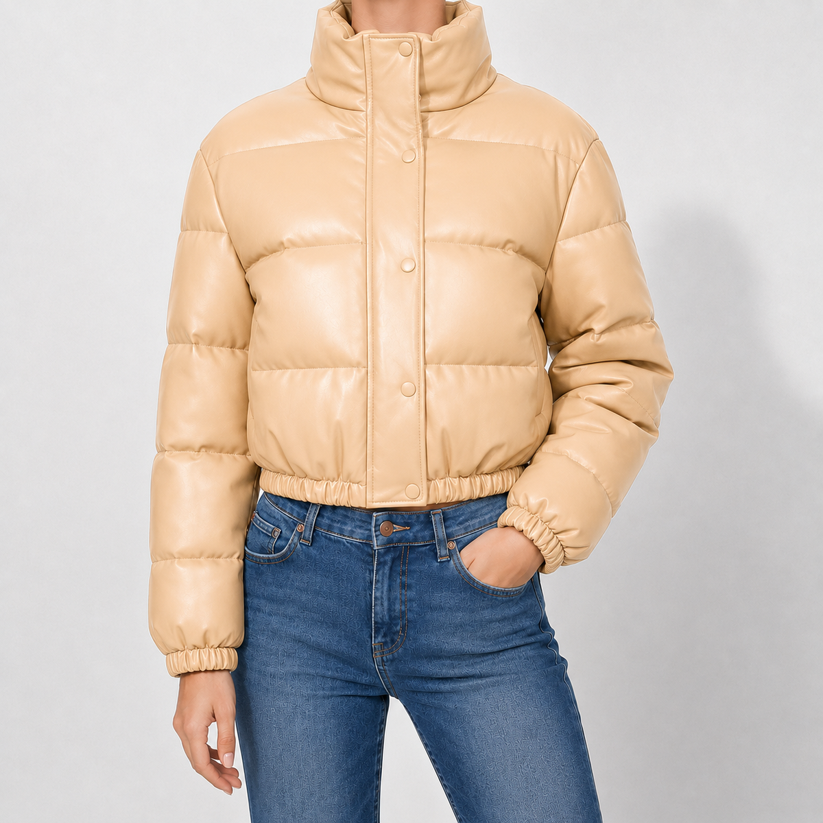 Marianne | Puffer Jacket Puffer Coat Quilted Winter Warm Faux Leather Cropped Funnel Collar Zip