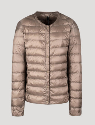 Beige Lily quilted puffer jacket for women by Christine Brewer, lightweight with a quilted design and cozy collar.