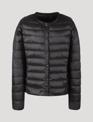 Black Ingrid lightweight quilted puffer jacket for women by Christine Brewer, featuring a cozy, padded design and stylish silhouette.