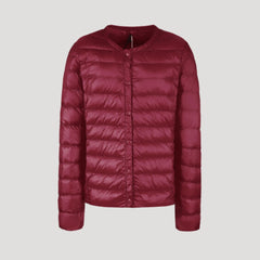 Lightweight quilted puffer jacket for women by Christine Brewer, in a stylish Bordeaux color with a cozy, padded design.