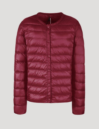 Lightweight quilted puffer jacket for women by Christine Brewer, in a stylish Bordeaux color with a cozy, padded design.