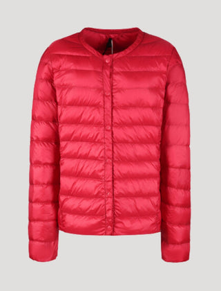 Red Ingrid lightweight quilted puffer jacket for women by Christine Brewer, showcasing a stylish, padded winter jacket.