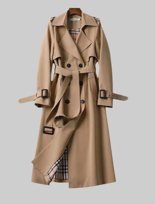 Emily women's belted double-breasted long trench coat by Christine Brewer, shown in Jakarta style with classic design and tailored fit.