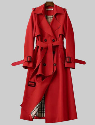 Women’s belted double-breasted long trench coat by Christine Brewer, featuring a stylish design and classic silhouette.