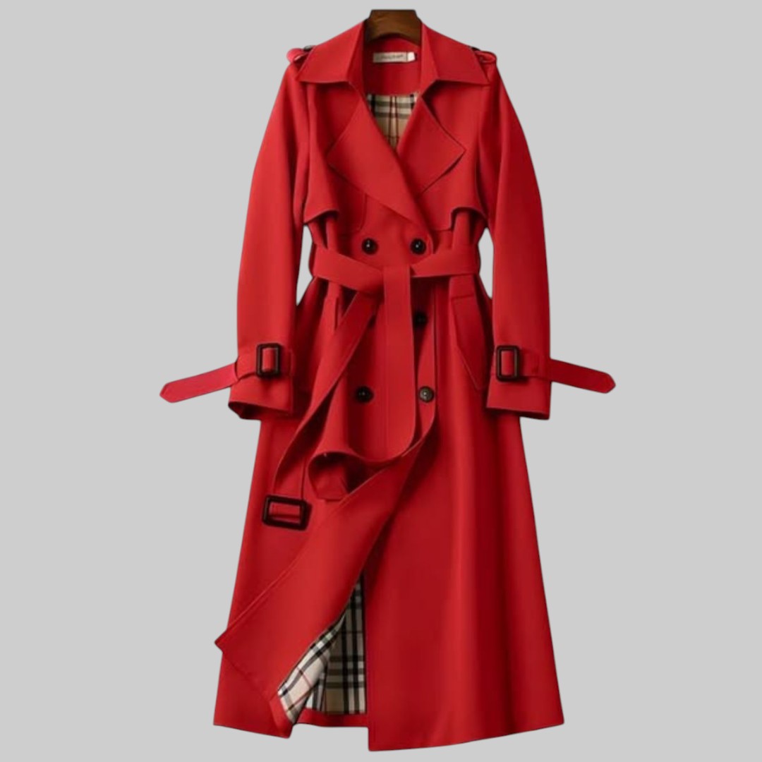 Women’s belted double-breasted long trench coat by Christine Brewer, featuring a stylish design and classic silhouette.