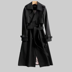 Women’s belted double-breasted long trench coat by Christine Brewer, featuring a stylish design and classic silhouette.