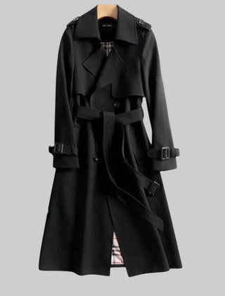 Women’s belted double-breasted long trench coat by Christine Brewer, featuring a stylish design and classic silhouette.