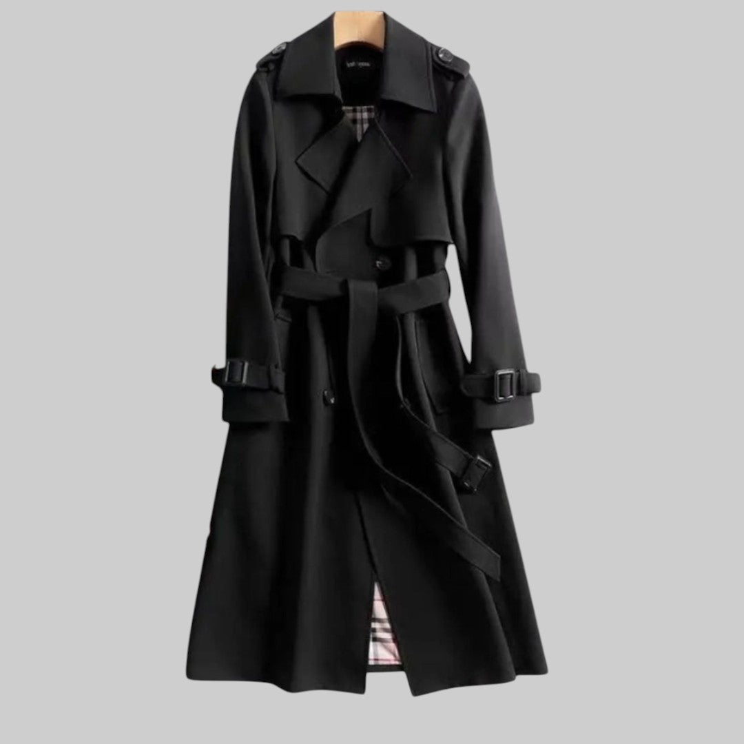 Women’s belted double-breasted long trench coat by Christine Brewer, featuring a stylish design and classic silhouette.