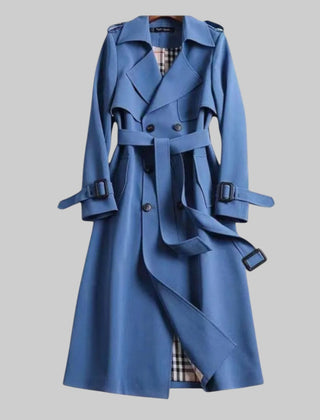 Emily women's belted double-breasted long trench coat by Christine Brewer, shown in Jakarta style with classic design and tailored fit.