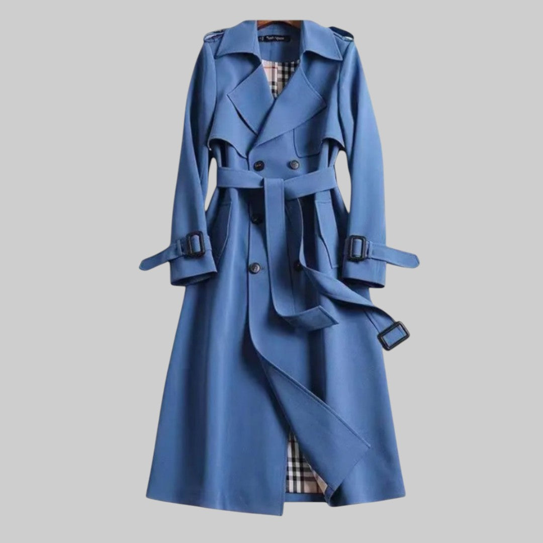 Emily women's belted double-breasted long trench coat by Christine Brewer, shown in Jakarta style with classic design and tailored fit.