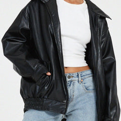 Josephine oversized faux leather bomber jacket for women by Christine Brewer, featuring a stylish, modern design with a fitted silhouette.