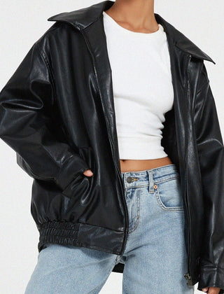 Josephine oversized faux leather bomber jacket for women by Christine Brewer, featuring a stylish, modern design with a fitted silhouette.