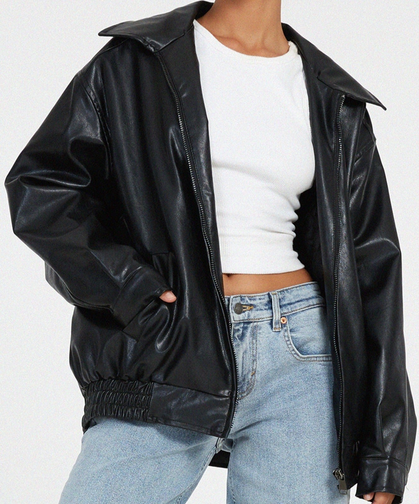 Josephine oversized faux leather bomber jacket for women by Christine Brewer, featuring a stylish, modern design with a fitted silhouette.