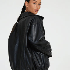 Josephine oversized faux leather bomber jacket for women by Christine Brewer, featuring a stylish, sleek design and modern fit.