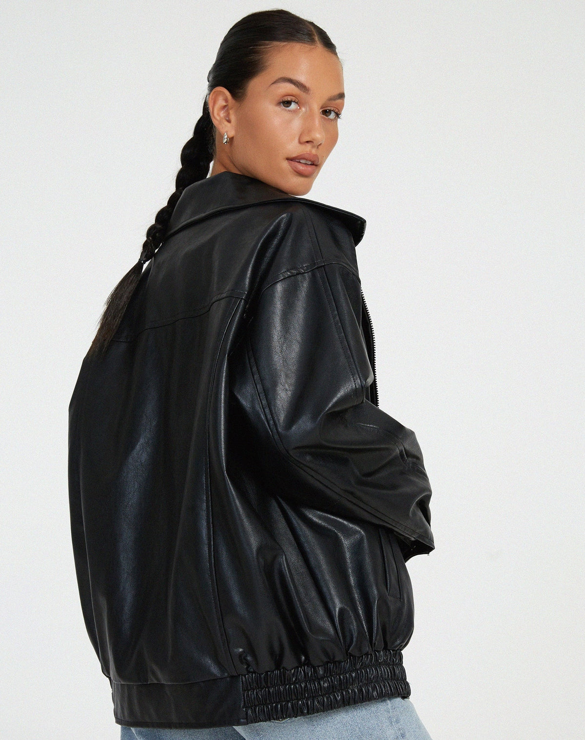Josephine oversized faux leather bomber jacket for women by Christine Brewer, featuring a stylish, sleek design and modern fit.