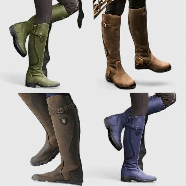 Riley1 | Knee High Boots, Riding Boots, Women, Leather, Buckle Strap, Side Zip, Equestrian, Tall,