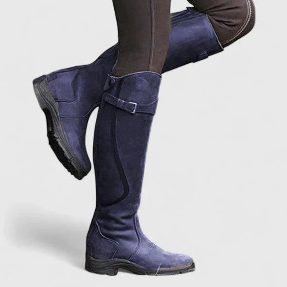 Riley1 | Knee High Boots, Riding Boots, Women, Leather, Buckle Strap, Side Zip, Equestrian, Tall,
