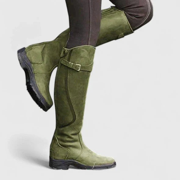 Riley1 | Knee High Boots, Riding Boots, Women, Leather, Buckle Strap, Side Zip, Equestrian, Tall,