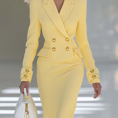 Yellow knit v-neck midi dress by Christine Brewer, featuring a stylish evening dress design with a fitted silhouette and V-neckline.