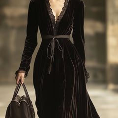 Velvet V-neck maxi dress by Christine Brewer featuring a flowing silhouette and elegant evening dress design.