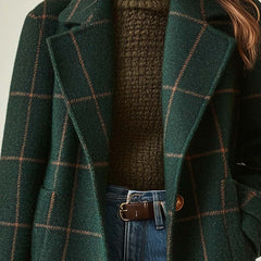 Women's retro plaid tweed coat with lapel collar, tailored fit, featuring classic pattern and textured fabric from Christine Brewer.