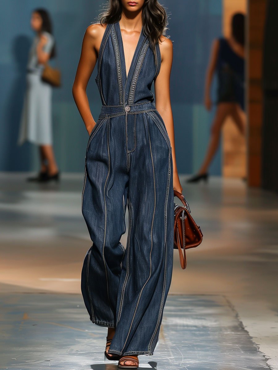 Dark blue denim sleeveless jumpsuit with V-neck and wide-leg pants, designed for women by Christine Brewer.