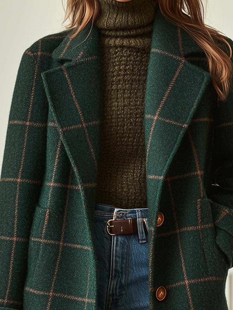 Jennifer Wool Check Coat by Christine Brewer, featuring a stylish plaid pattern, tailored fit, and classic collar, shown on a model.