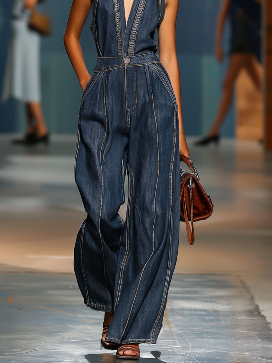 Dark blue denim women’s sleeveless v-neck jumpsuit with wide-leg pants, by Christine Brewer, shown on a model.