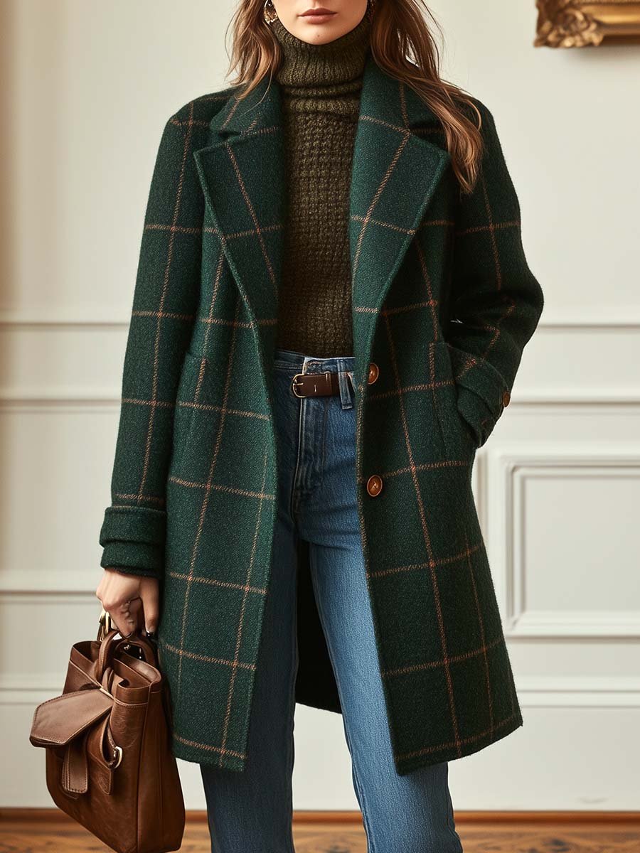 Christine Brewer Jennifer Wool Check Coat showing a stylish plaid pattern and tailored fit in natural wool fabric.