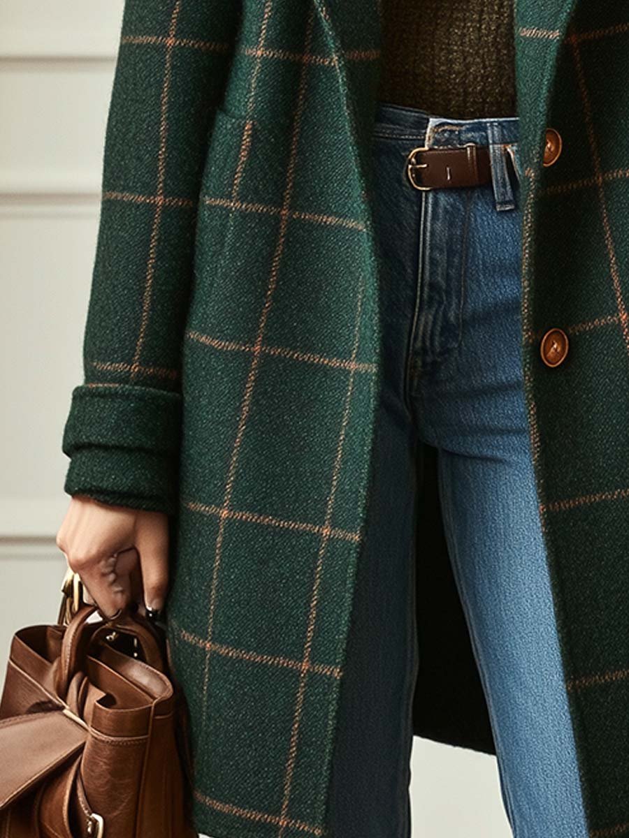 Jennifer Wool Check Coat by Christine Brewer, featuring a stylish plaid pattern and tailored fit, shown in a front view.