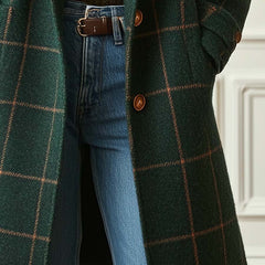 Women's retro plaid tweed coat with lapel collar by Christine Brewer, showcasing classic style and textured fabric.