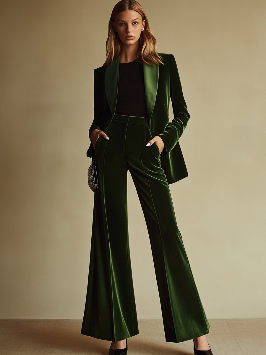 Emerald green velvet two-piece suit set for women by Christine Brewer, featuring stylish loose pants and a matching top.