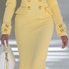 Yellow knit V-neck midi dress by Christine Brewer, featuring a stylish evening dress with a comfortable fit and elegant design.